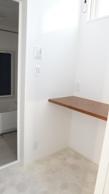 洗面室に設置された作業台にもなるカウンター。洗濯などをするのに便利なスペース！