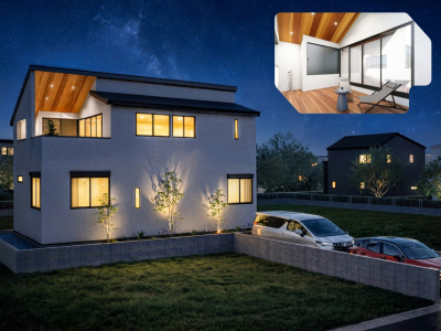 【2号棟】街並みと空に映える白い塗り壁の家