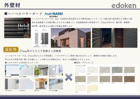 外壁材
ヘーベルパワーボードは、37ｍｍ厚がもたらす重厚感と、パネルデザインと塗料の組み合わせにより、個性的な外観を実現します。
厚みのある外壁が深い彫りを可能にし、この彫りが立体感を生み、住まいに高級感をもたらします。