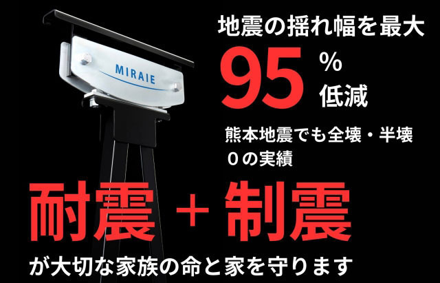 熊本地震、能登半島地震にも耐えた！と話題の制震ダンパーMIRAIE標準搭載の地震に強い家づくり。地震は減らせない、しかしMIRAIEなら地震の揺れ幅を最大95％低減することが可能です！！