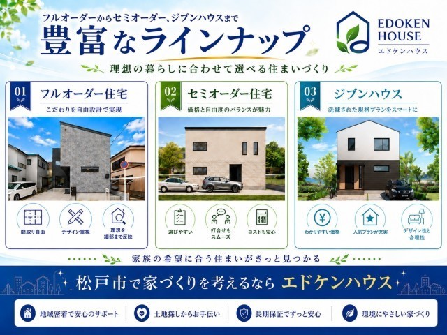 あなたの「好き」と「想い」をカタチに。エドケンハウスでは、3つの注文住宅スタイルをご用意。
あなたに“ちょうどいい”家づくりが、きっと見つかります。