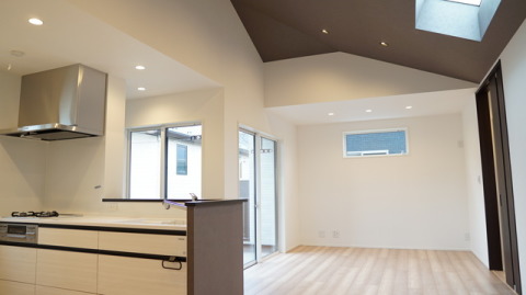 リビング上部に広がる開放的な勾配天井と空をのぞむ天窓（トップライト）が心地のよい空間を演出します。・トップライト：LIXIL「スカイシアターTF型FIX」(外側ブラック/内側ホワイト）