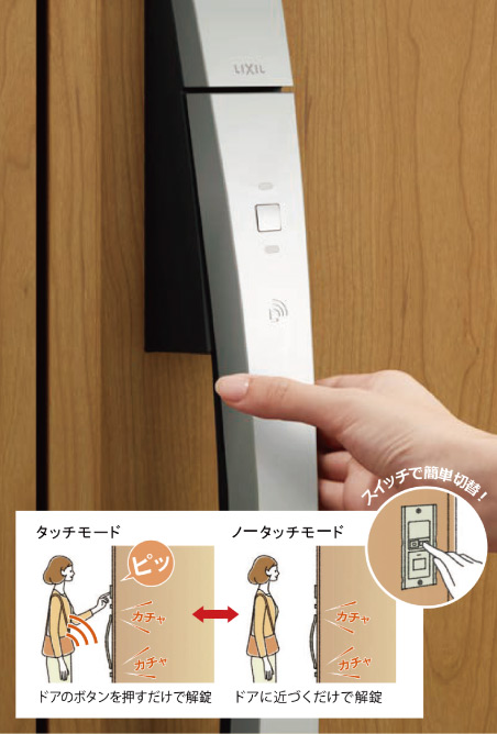 タッチモード ドアのボタンを押すだけで解錠 ノータッチモード ドアに近づくだけで解錠 スイッチで簡単切替!